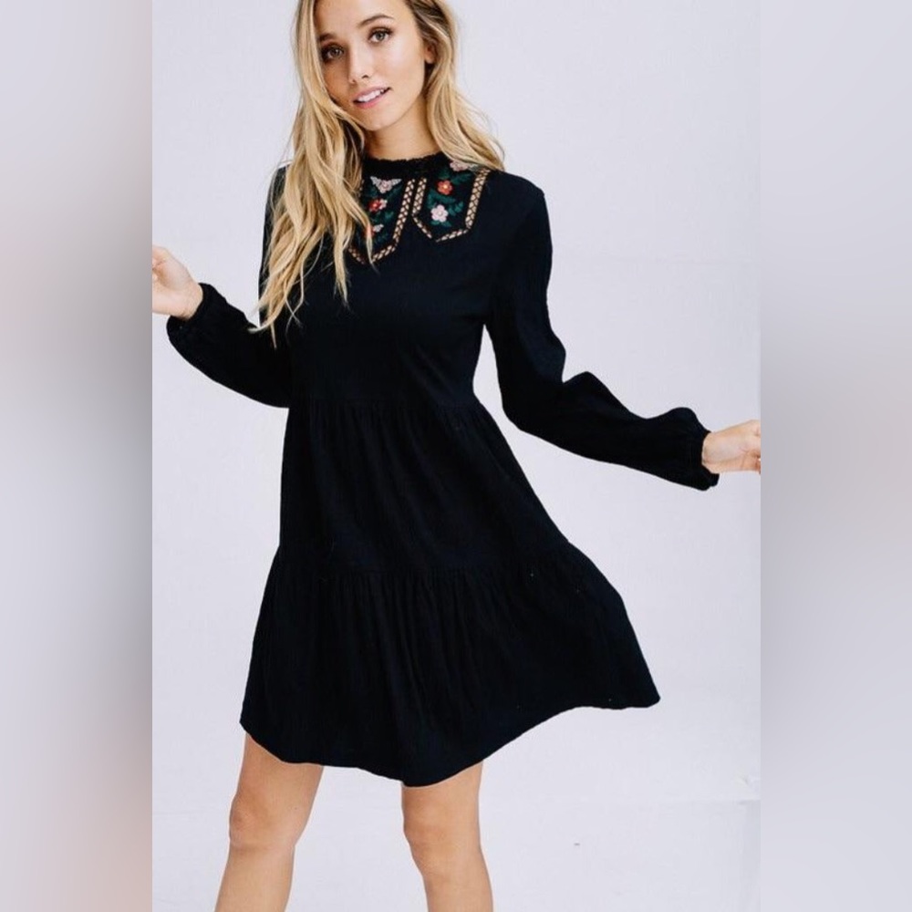 High Neckline Black Long Sleeve Dress